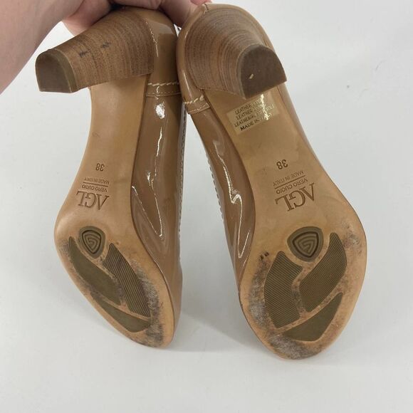 AGL Tan Patent Leather Stacked Wood Heel Pumps womens 38 - Picture 8 of 8